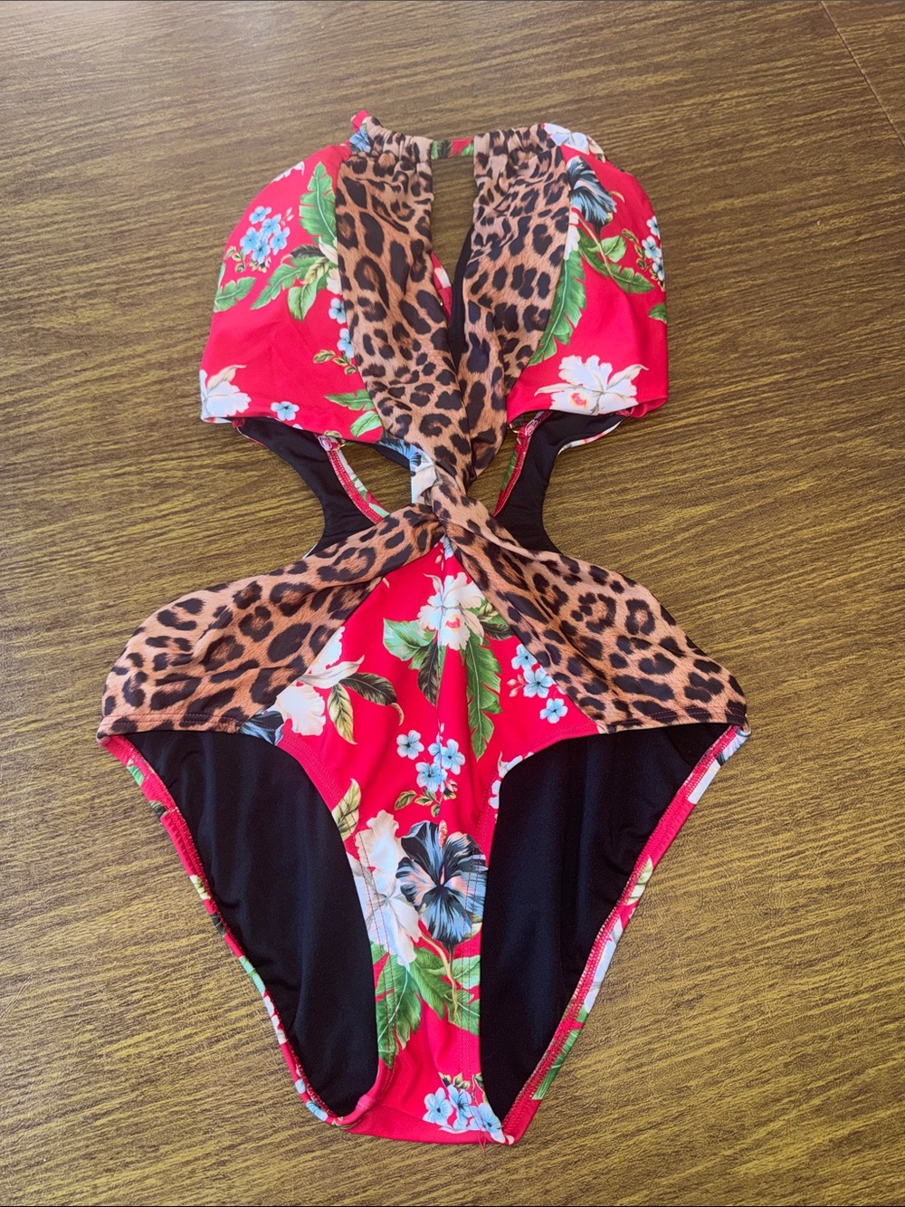 VENUS Red Floral One-Piece with Leopard Trim